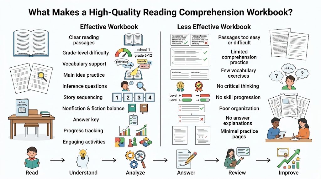 Collection of recommended reading comprehension workbooks on a bookshelf