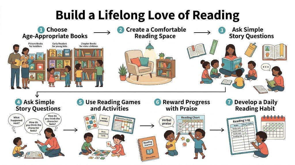 A cozy reading nook with pillows, string lights, and a stack of children's books inviting a child to read