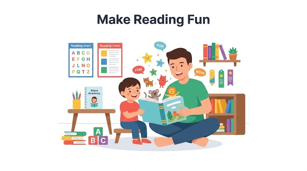 Happy child laughing while reading a colorful picture book on a cozy rug