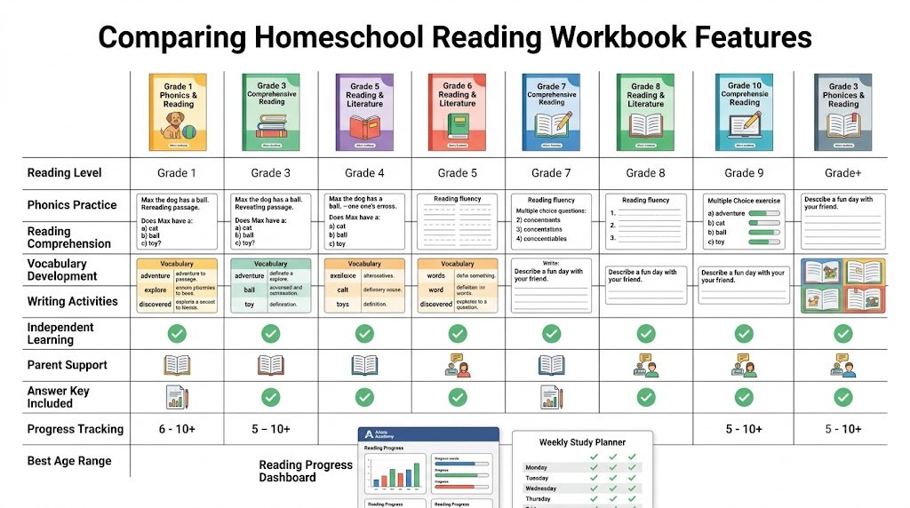 Collection of recommended reading workbooks displayed on a homeschool bookshelf