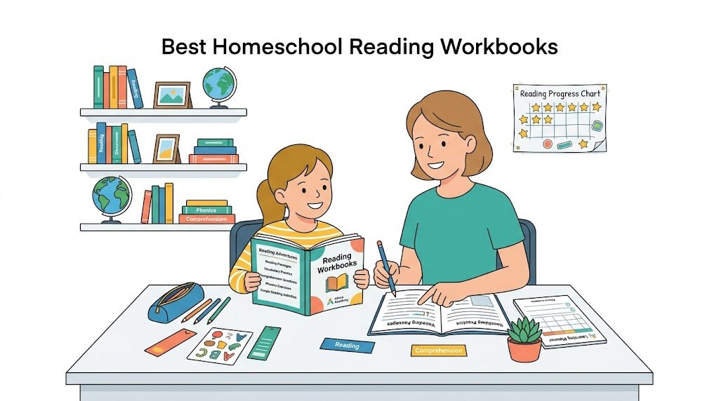 Colorful reading workbooks stacked on a homeschool desk with pencils and a notebook