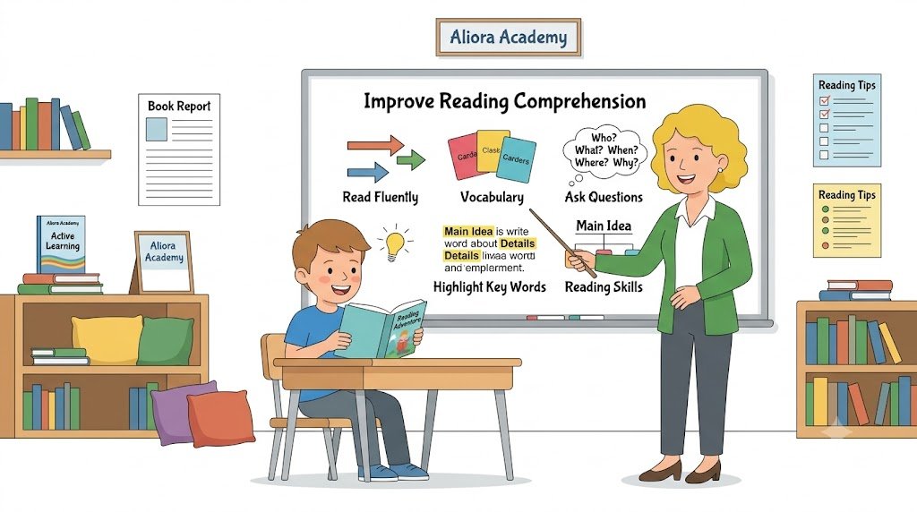 Young student reading a book with concentration, building 3rd grade reading comprehension skills