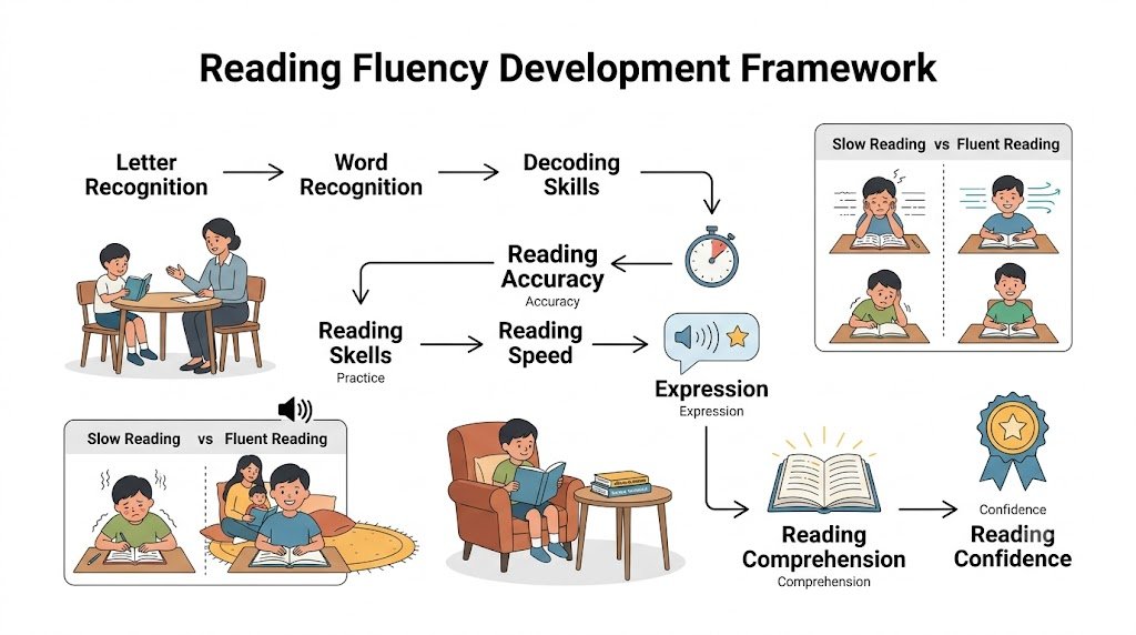 Boy smiling while reading a graphic novel, showing improved fluency and enjoyment