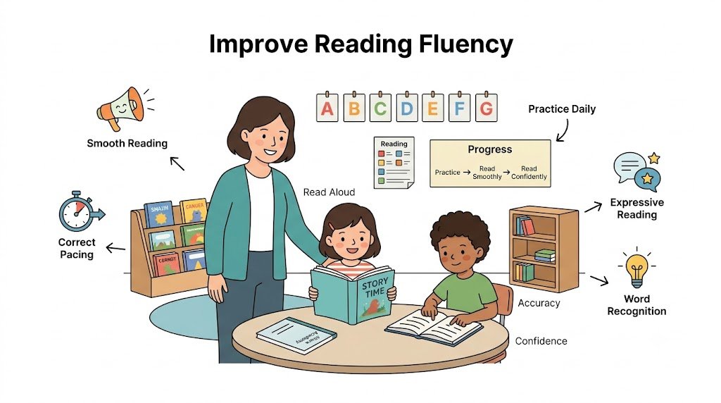 Elementary student reading aloud with expression, building reading fluency