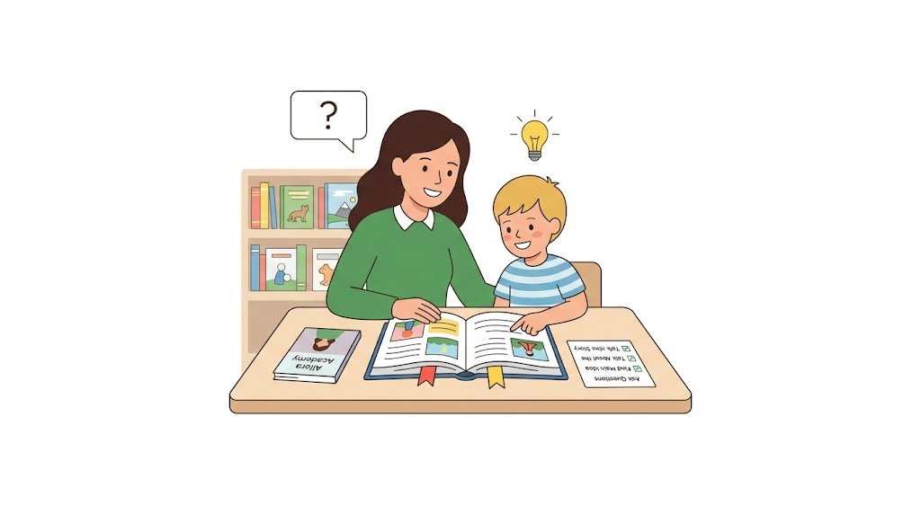 Parent and child sitting together on a couch, sharing a book and discussing the story