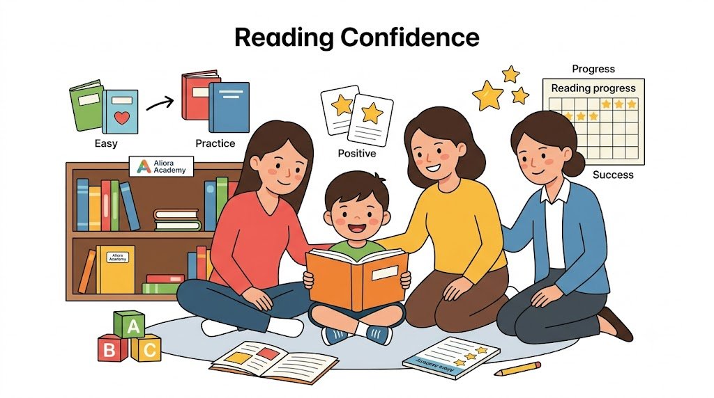 Smiling child proudly holding an open book, feeling accomplished during reading time at home