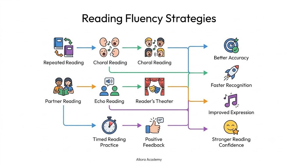 Elementary teacher guiding a small group of students through a fluency practice activity