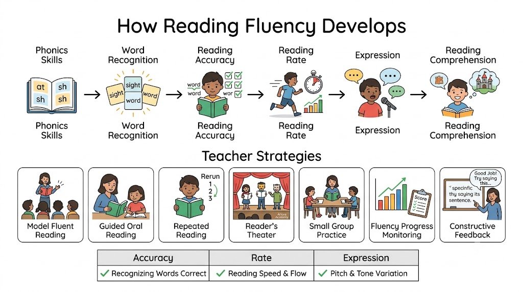 Young student reading aloud from a fluency passage while teacher listens and provides gentle guidance