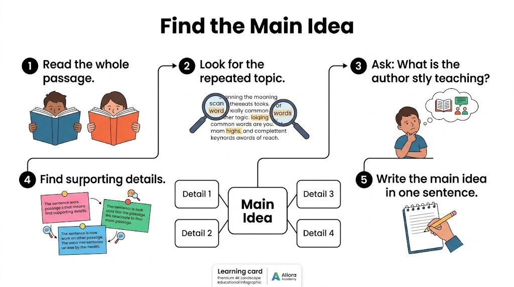 Child using a graphic organizer to map out the main idea and supporting details from a reading passage