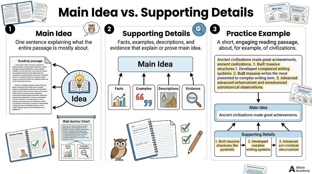 Open workbook showing a completed main idea and supporting details graphic organizer exercise