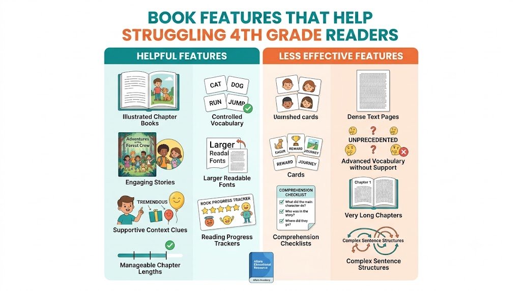 Collection of recommended books for struggling readers displayed on a colorful shelf