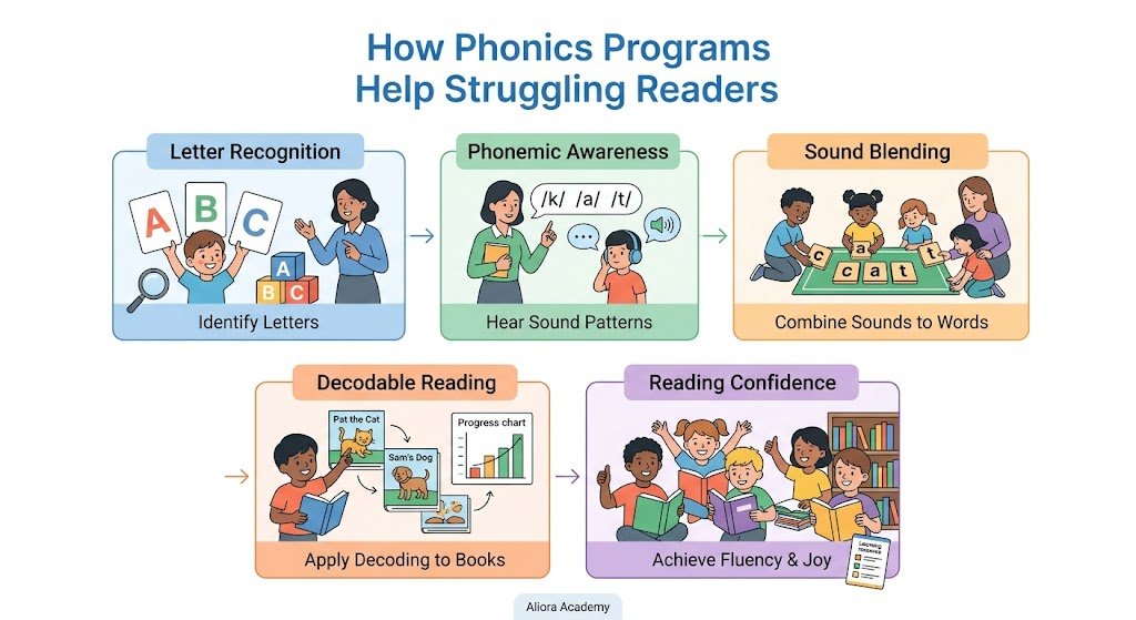Young student working through a phonics workbook with focused attention at a desk