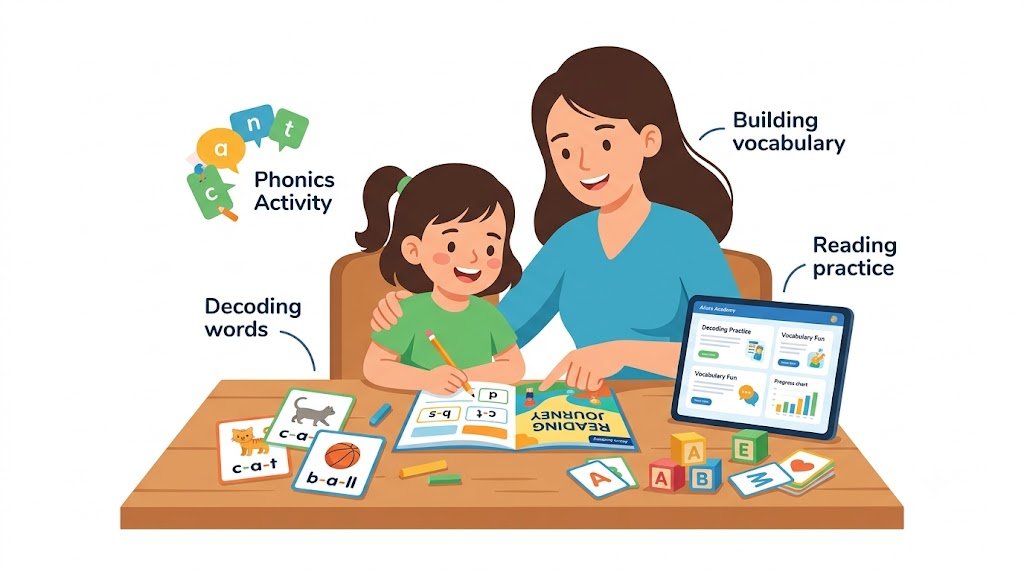 Parent and child reading together using science of reading resources at home
